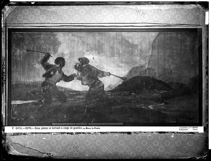 Pinturas Negras de Goya, _Duelo a garrotazos_ o _La riña_, fotografía de J. Laurent en 1874, en el interior de la Quinta del Sordo, posiblemente con iluminación eléctrica, VN-08122 P
